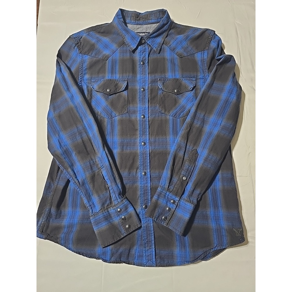 American Eagle Large Button-Down Long Sleeve Casual Shirt Gray Blue Plaid